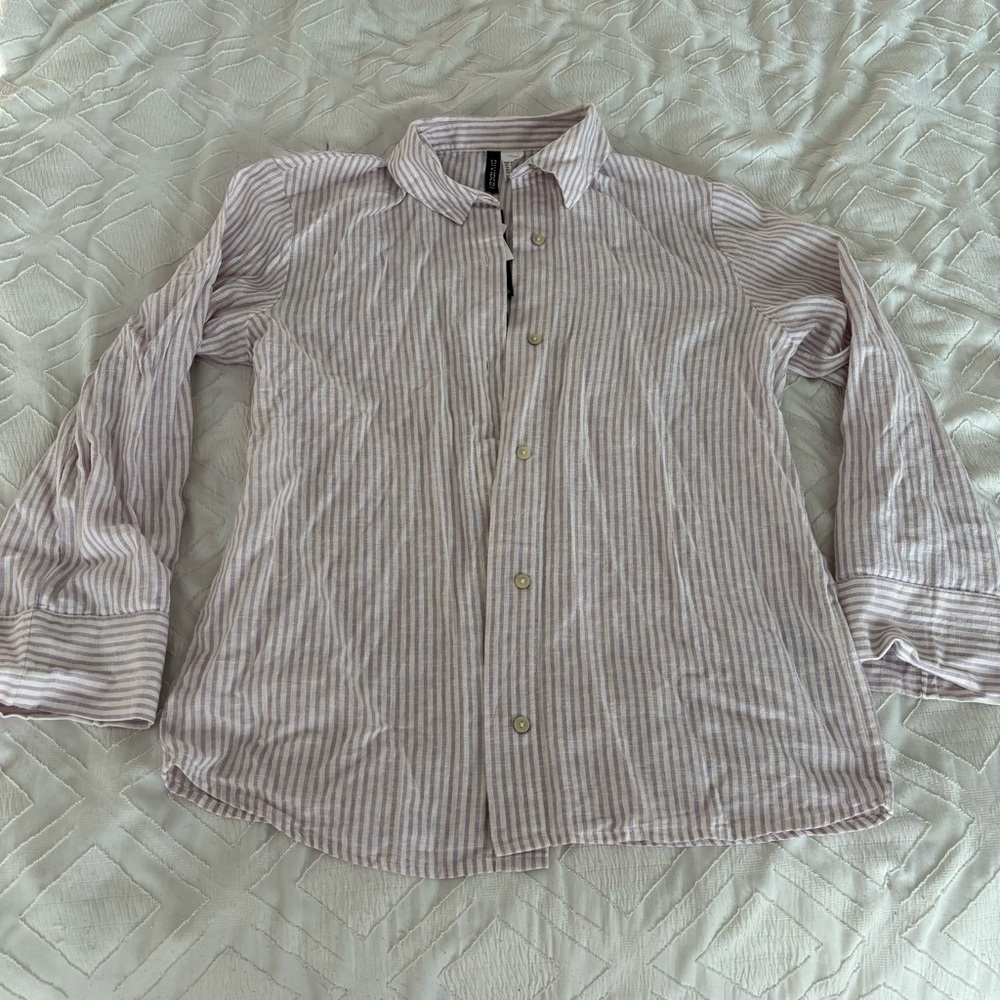 H&M Size XS button down shirt Linen White and Purple Striped NWT New with tags